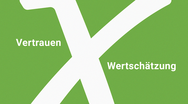 Grüner Hintergrund mit großem weißen X, Textelemente 'Vertrauen' und 'Wertschätzung' repräsentieren die Kernwerte von Flexa Personal.